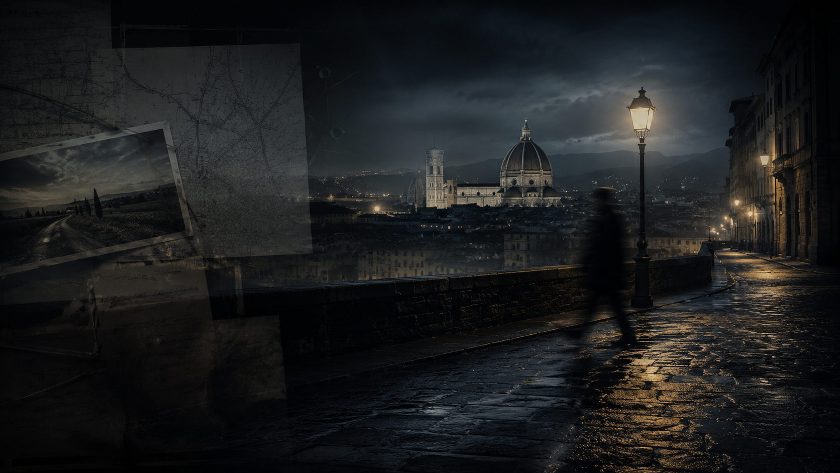 A dark nighttime view of Florence with the Duomo in the distance, a shadowy figure, case-file textures, and the title Monster of Florence.