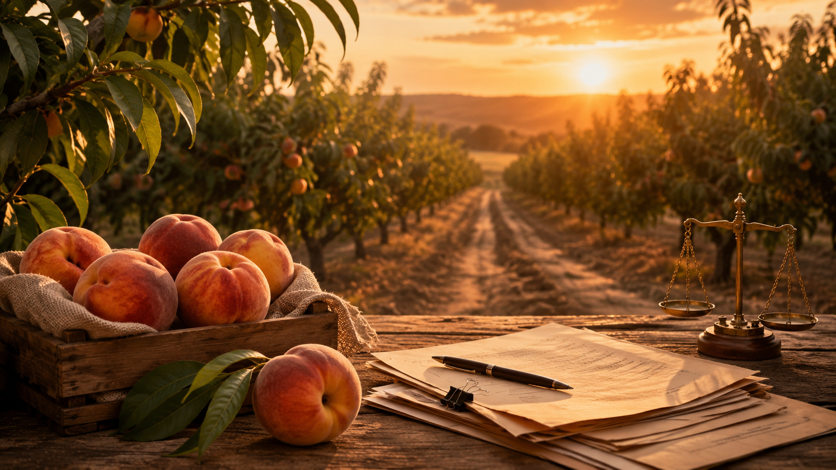 Peach orchard at sunset with peaches, papers, and a balance scale