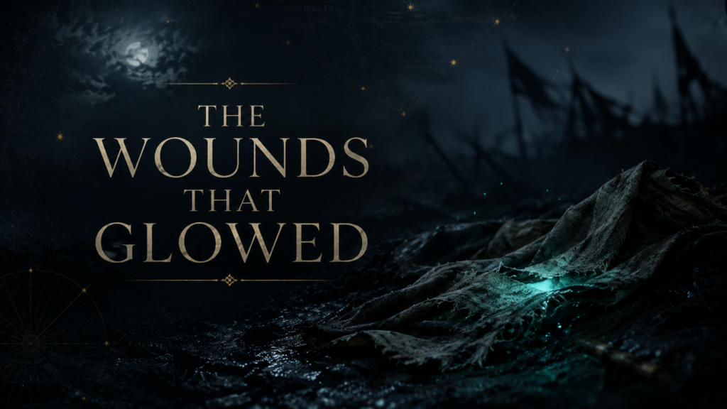Dark abstract battlefield scene with torn cloth glowing blue-green in the mud, with the title “The Wounds That Glowed” overlaid.