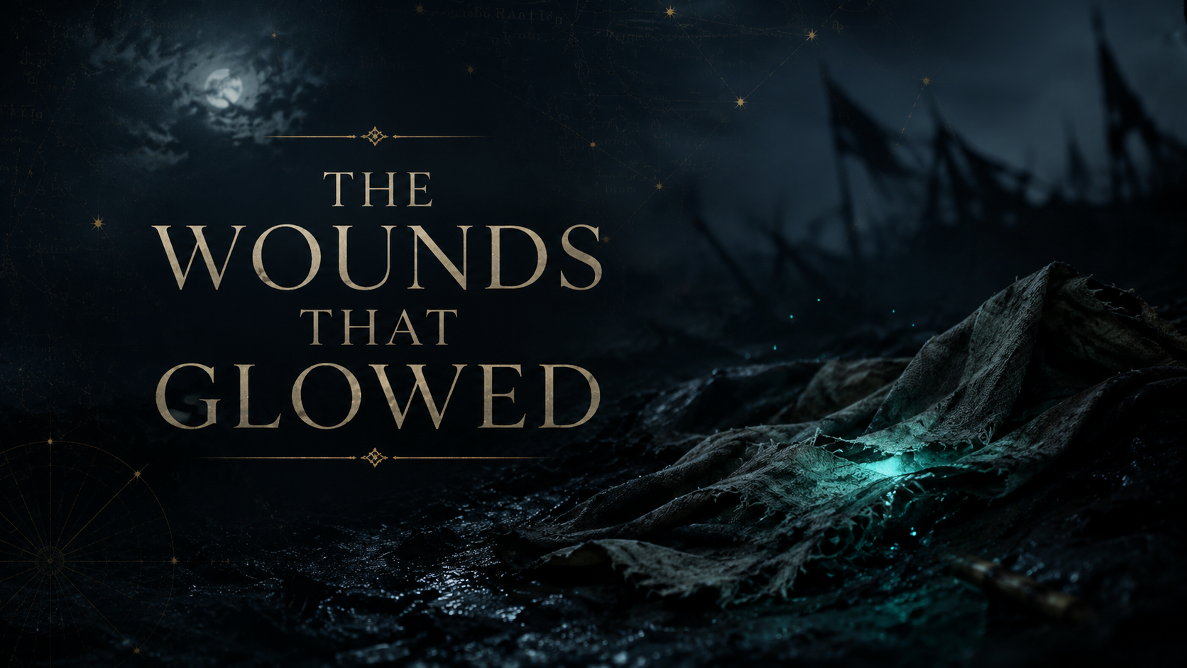 Dark abstract battlefield scene with torn cloth glowing blue-green in the mud, with the title “The Wounds That Glowed” overlaid.