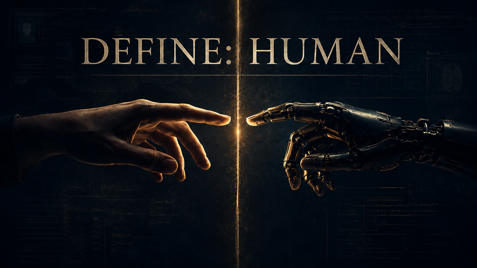 A human hand and a robotic hand reach toward each other across a glowing vertical line, with the words “Define: Human” above them.