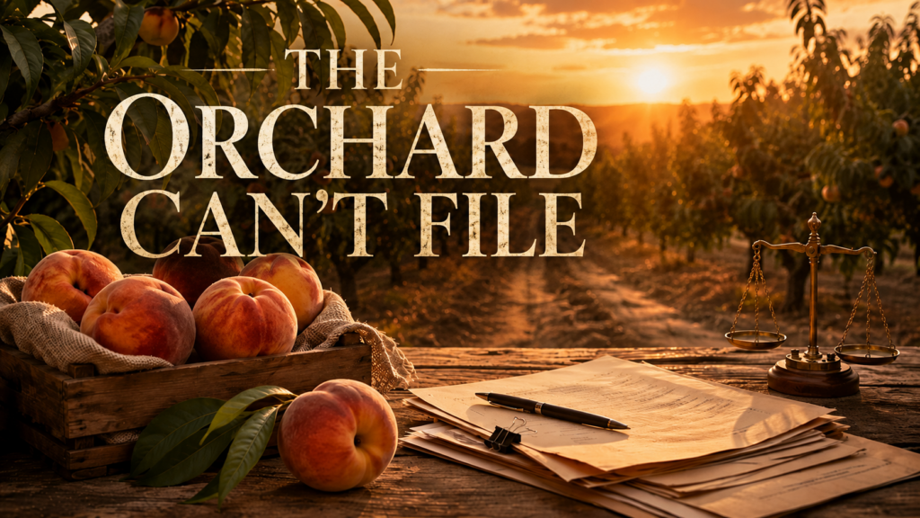 A peach orchard at sunset with peaches in a crate, paperwork and a pen on a wooden table, and a small balance scale beside the documents.