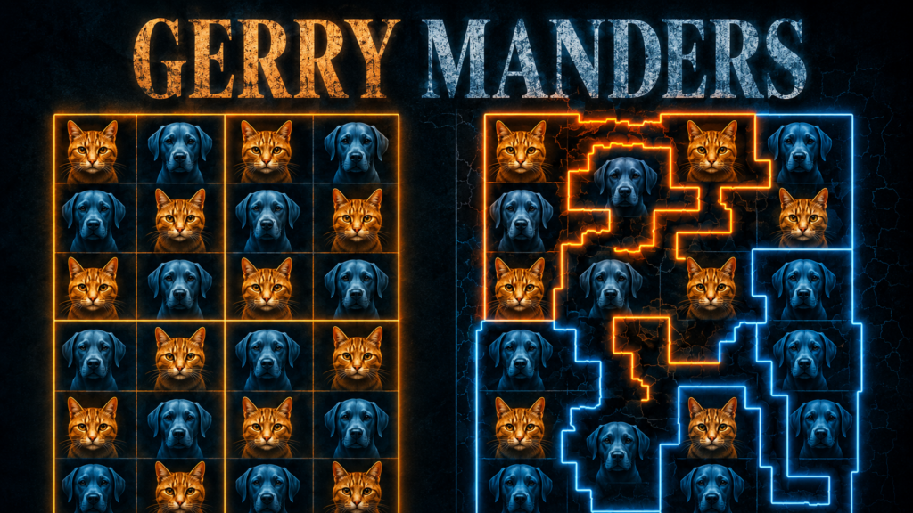 A split graphic showing a neat grid of orange cats and blue dogs on one side and a distorted district map around the same animals on the other, with the title “Gerry Manders” across the top.