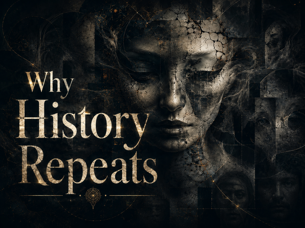 A dark collage of fractured human faces with the title “Why History Repeats” in large distressed lettering across the left side.
