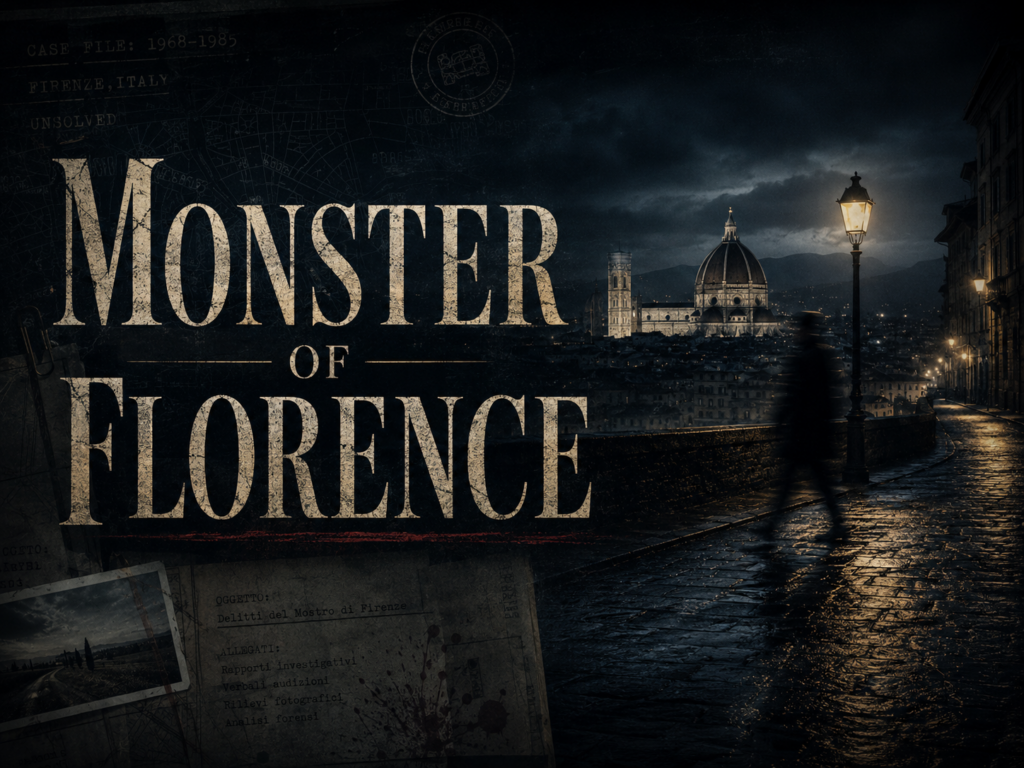 A dark nighttime view of Florence with the Duomo in the distance, a shadowy figure on wet cobblestones, case-file textures, and the title “Monster of Florence” across the image.
