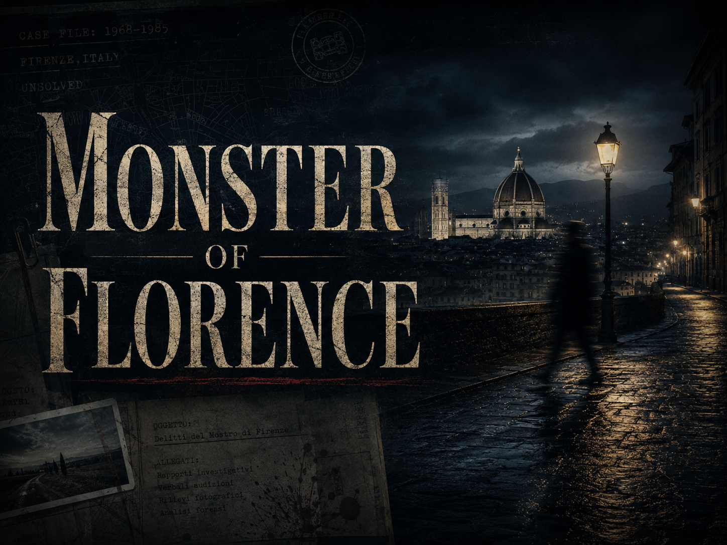 A dark nighttime view of Florence with the Duomo in the distance, a shadowy figure on wet cobblestones, case-file textures, and the title “Monster of Florence” across the image.