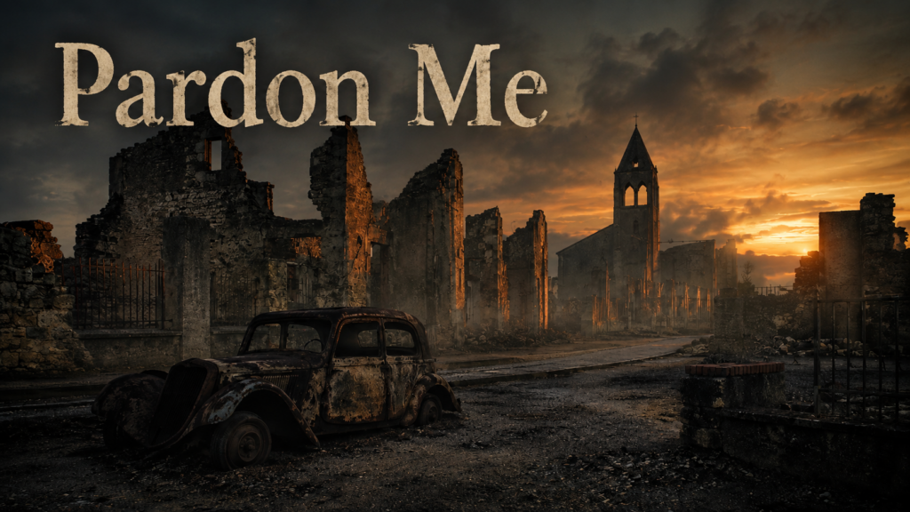Ruins of a destroyed village at sunset with a burned vintage car in the foreground and the title “Pardon Me” across the top.