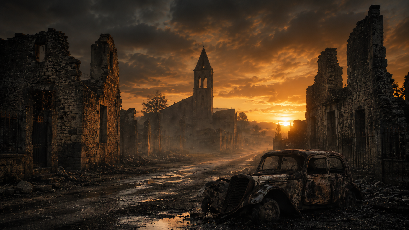Ruins of a destroyed village at sunset with a burned vintage car in the foreground and the title Pardon Me across the top.