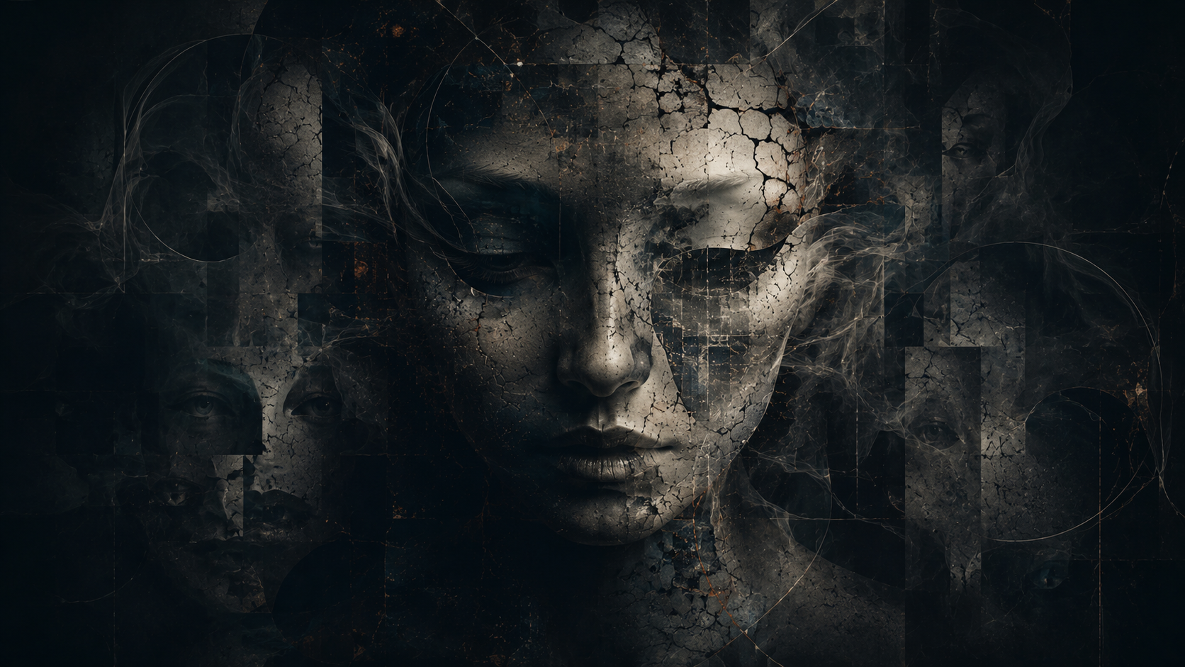A dark collage of fractured human faces with the title Why History Repeats.