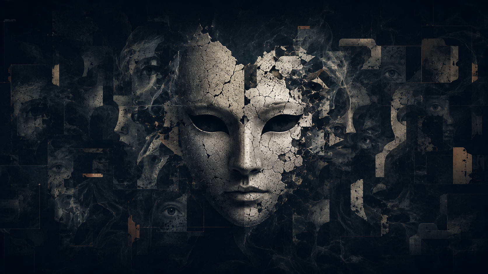 A cracked mask surrounded by repeating fragments and smoky archival patterns