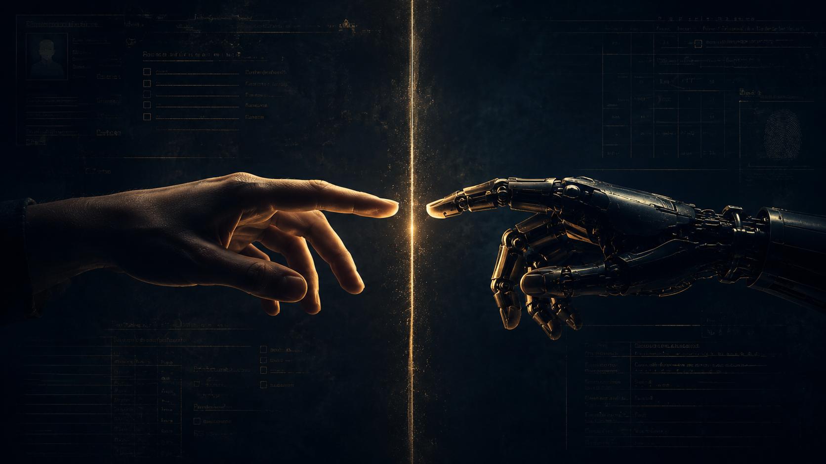A human hand and a mechanical hand reaching toward the same illuminated boundary line