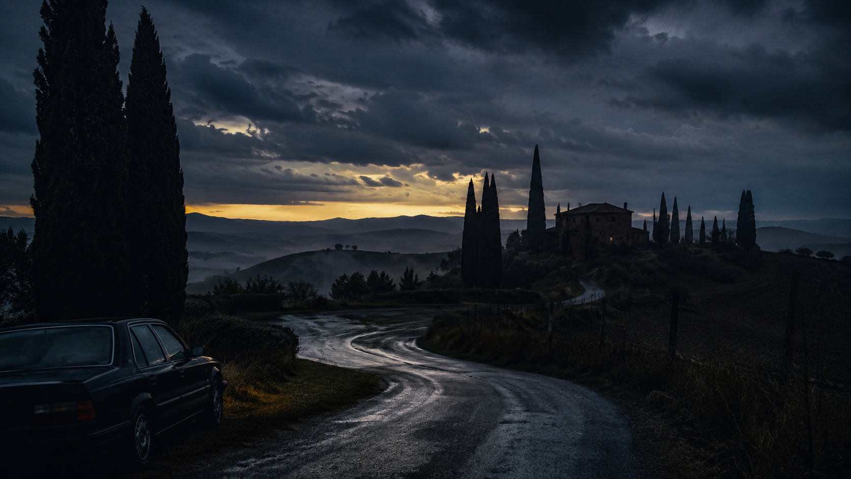 A dark atmospheric view of the hills outside Florence, Italy, with cypress trees, a winding road, and storm clouds over the countryside.