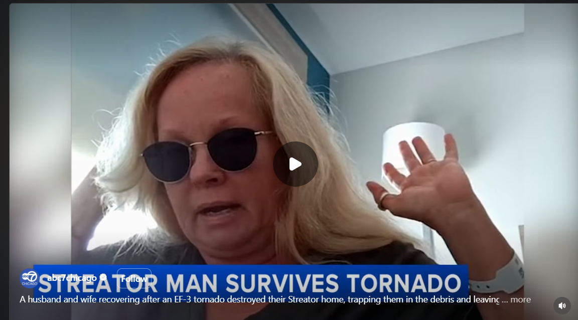 Screenshot from a video showing Roxanne Rymek speaking on camera while the lower-third caption reads “STREATOR MAN SURVIVES TORNADO.”