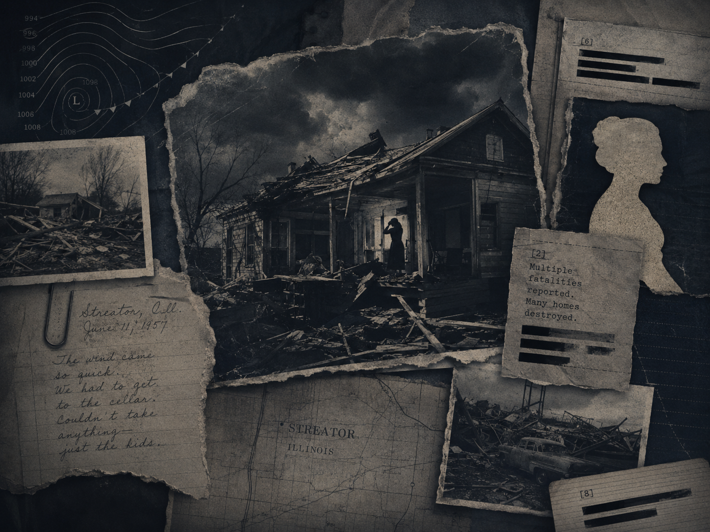 A dark archival collage showing a damaged home after a tornado, torn documents, storm-map lines, redacted notes, and the silhouette of a woman beside the wreckage.