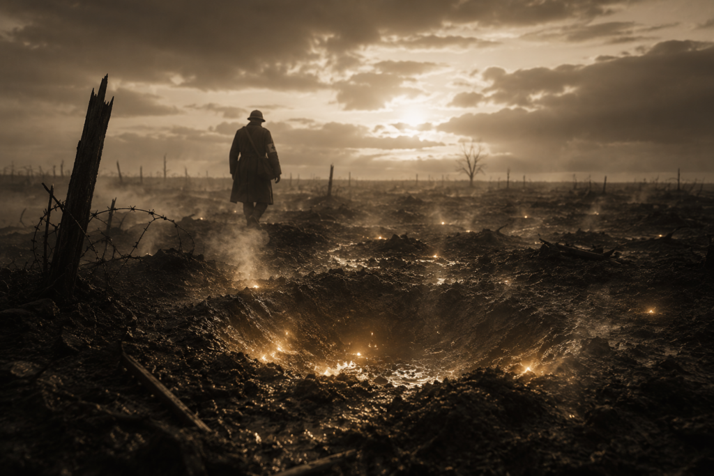 The IT File featured image for "The Wounds That Glowed," depicting a sepia battlefield with glowing craters and a lone medic in the aftermath of battle.