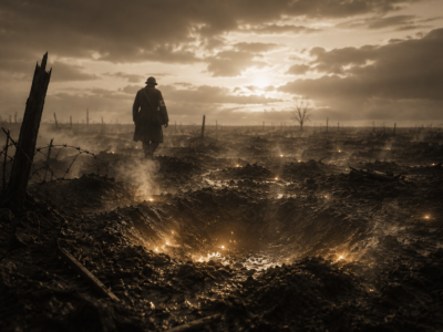 The IT File featured image for "The Wounds That Glowed," depicting a sepia battlefield with glowing craters and a lone medic in the aftermath of battle.