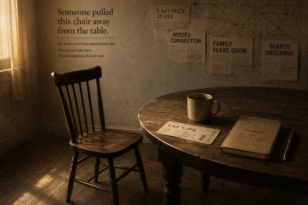 An empty wooden chair pulled away from a table as fragments of an unfinished story gather around it.