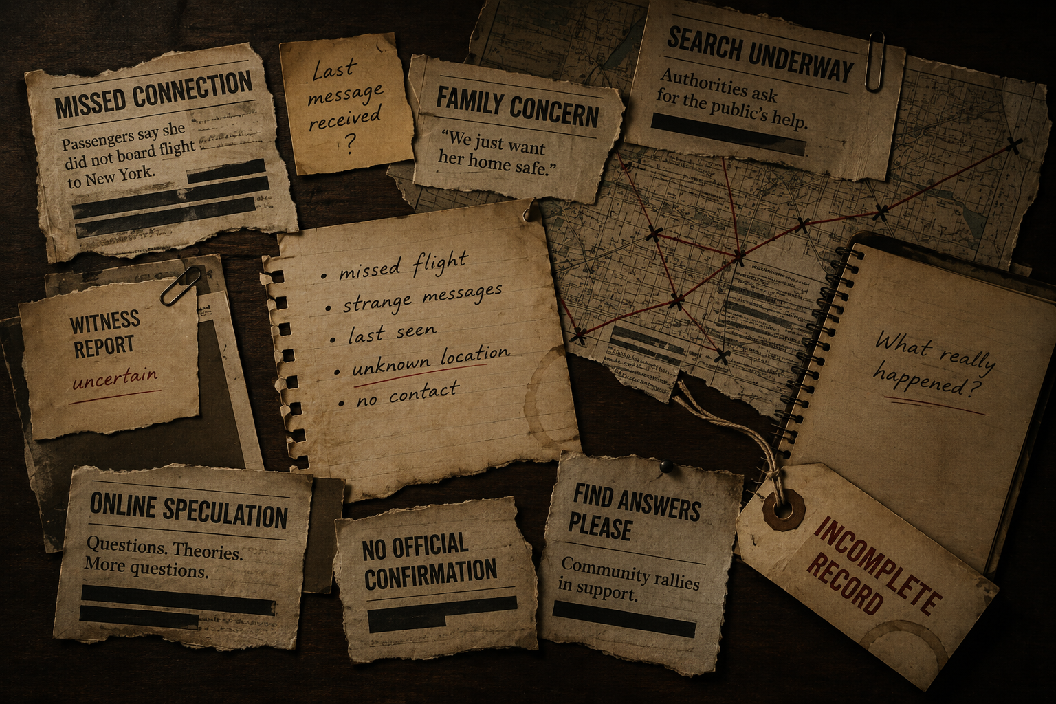 Scattered newspaper clippings, notes and map fragments show pieces of an unfolding story before the full record is known.