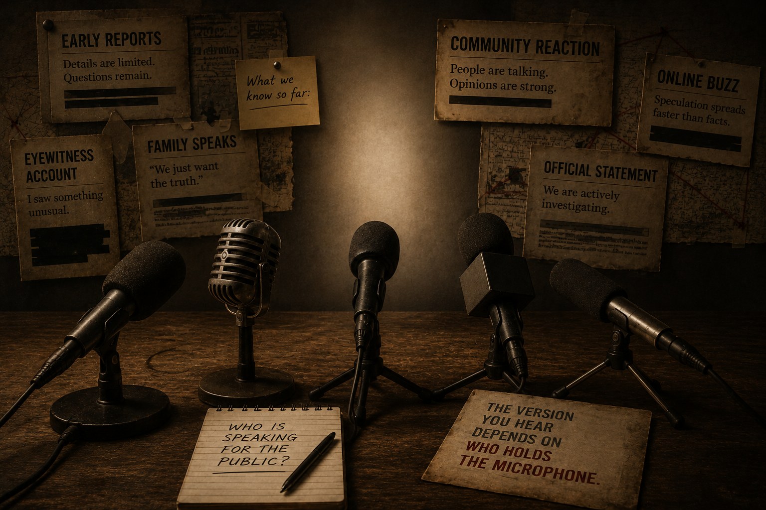 Several microphones face an empty space while fragments of reports, witness accounts and public reactions surround them.