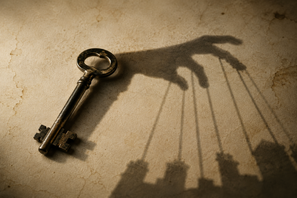 An antique key casting the unexpected shadow of a hand holding strings.