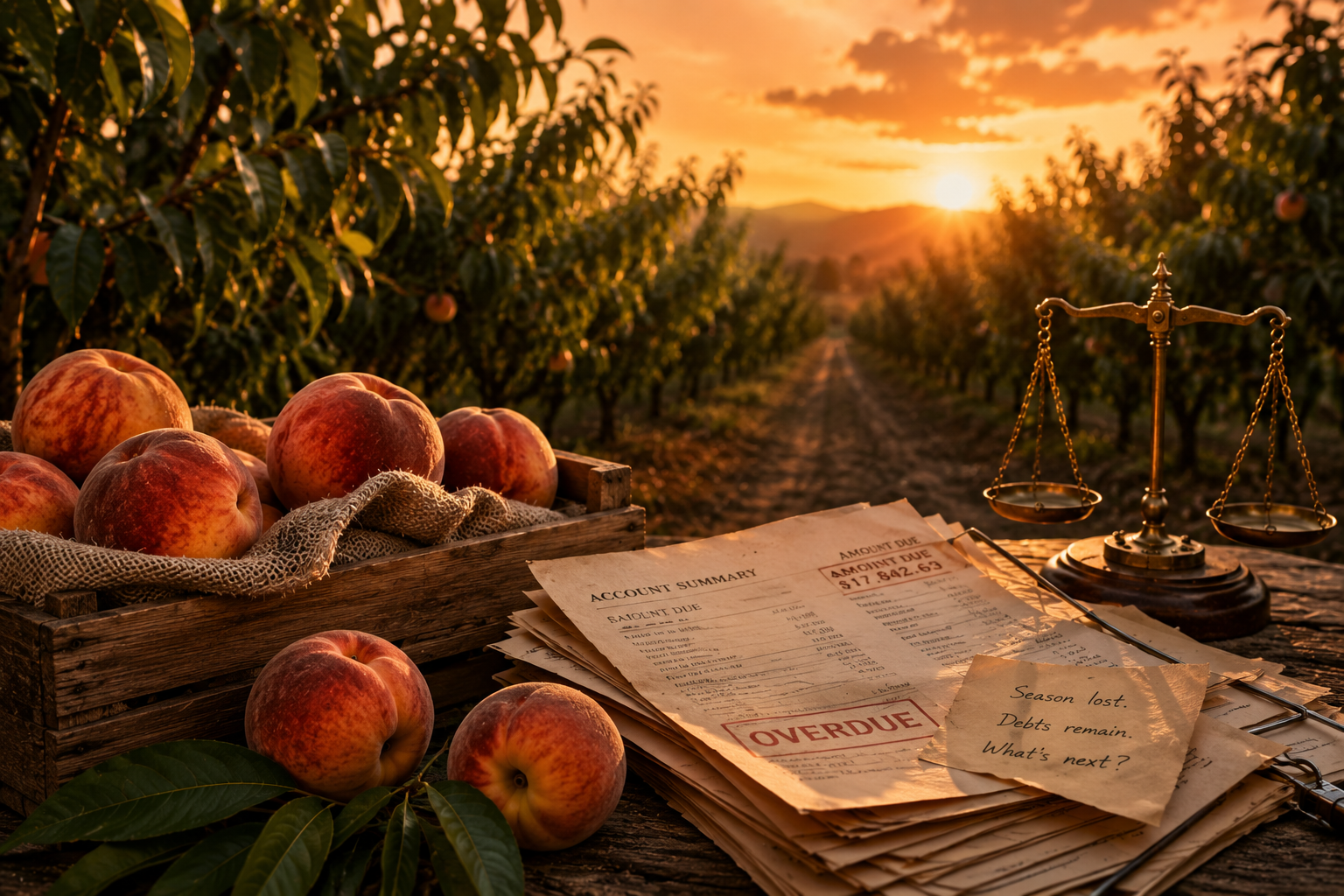 Peaches beside financial documents and a balance scale overlooking a California orchard at sunset, symbolizing the economic pressures behind orchard bankruptcy.