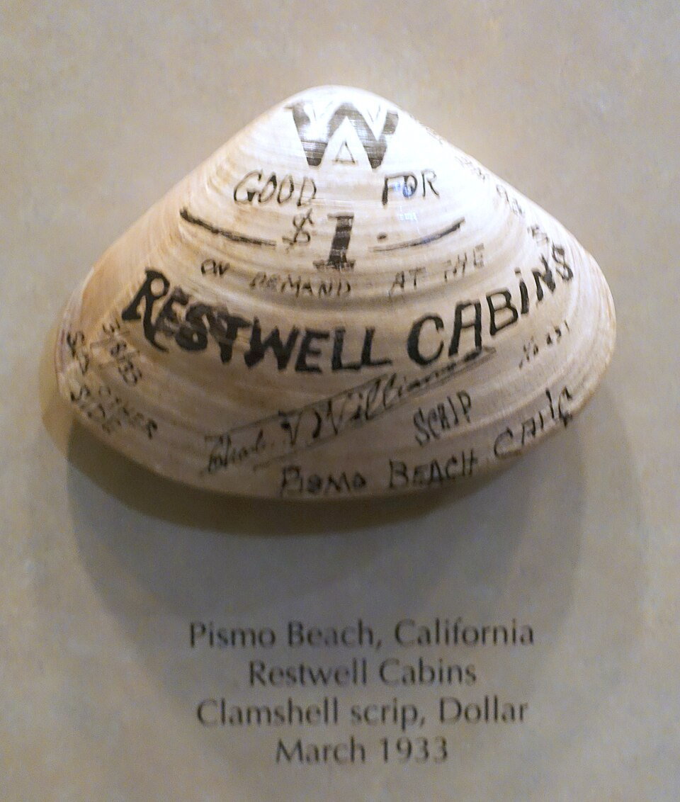 1933 Pismo Beach one-dollar clamshell scrip issued by Restwell Cabins