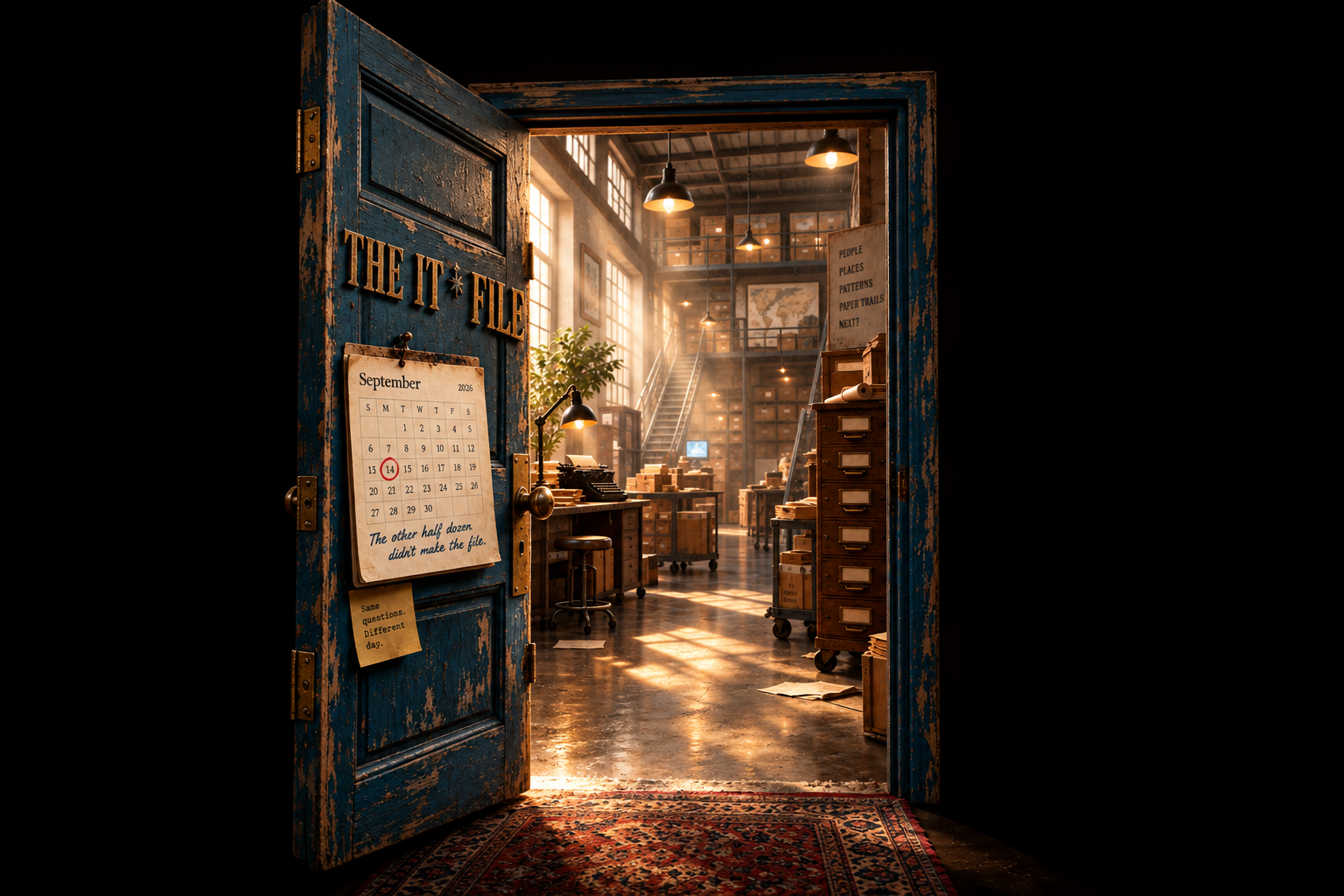 The IT File blue doorway and calendar, with a rug extending into the black void
